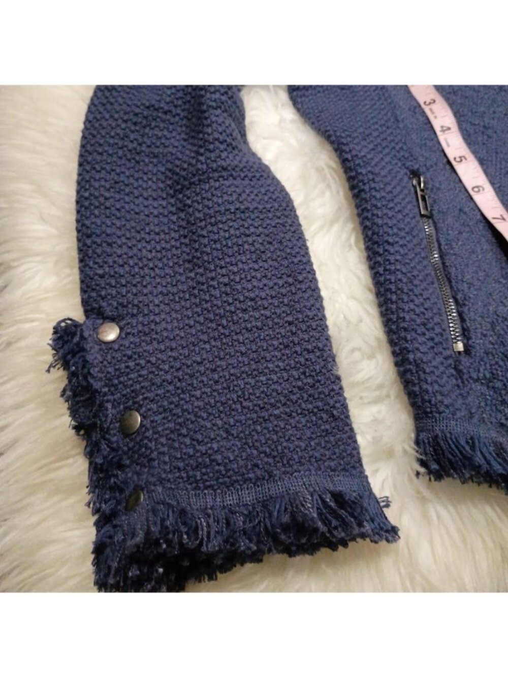 Nic + Zoe Fringe Knit Jacket L Blue Open Front Fringe Boho Cardigan - Picture 11 of 12